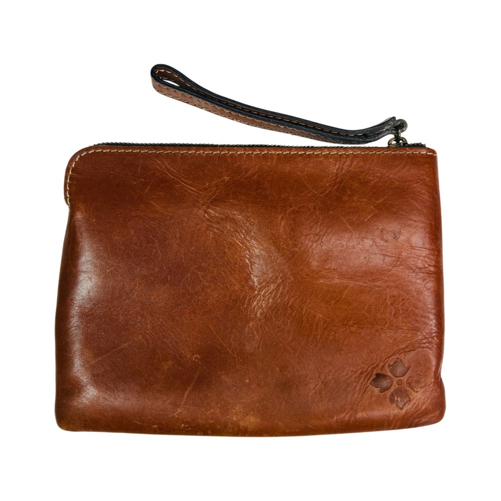 Patricia Nash Brown Leather Wristlet Clutch Zip Pouch Embossed Logo Strap